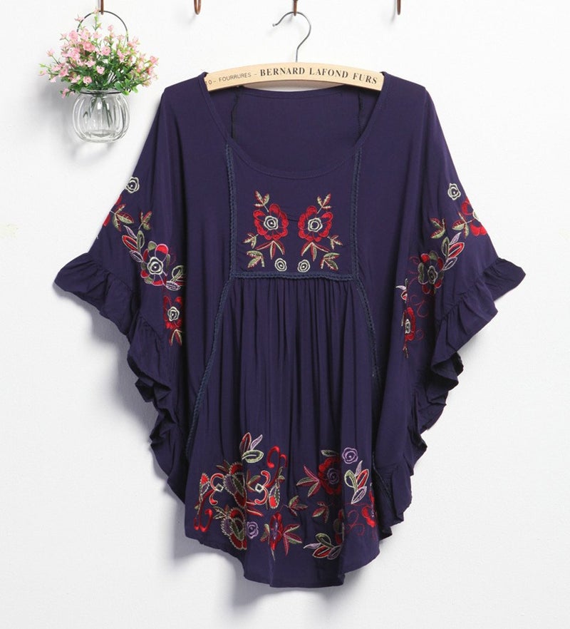 Kafeimali Women's Tops Batwing Floral Embroidered Loose Peasant Mexican Blouse (Navy Blue) - Image 5